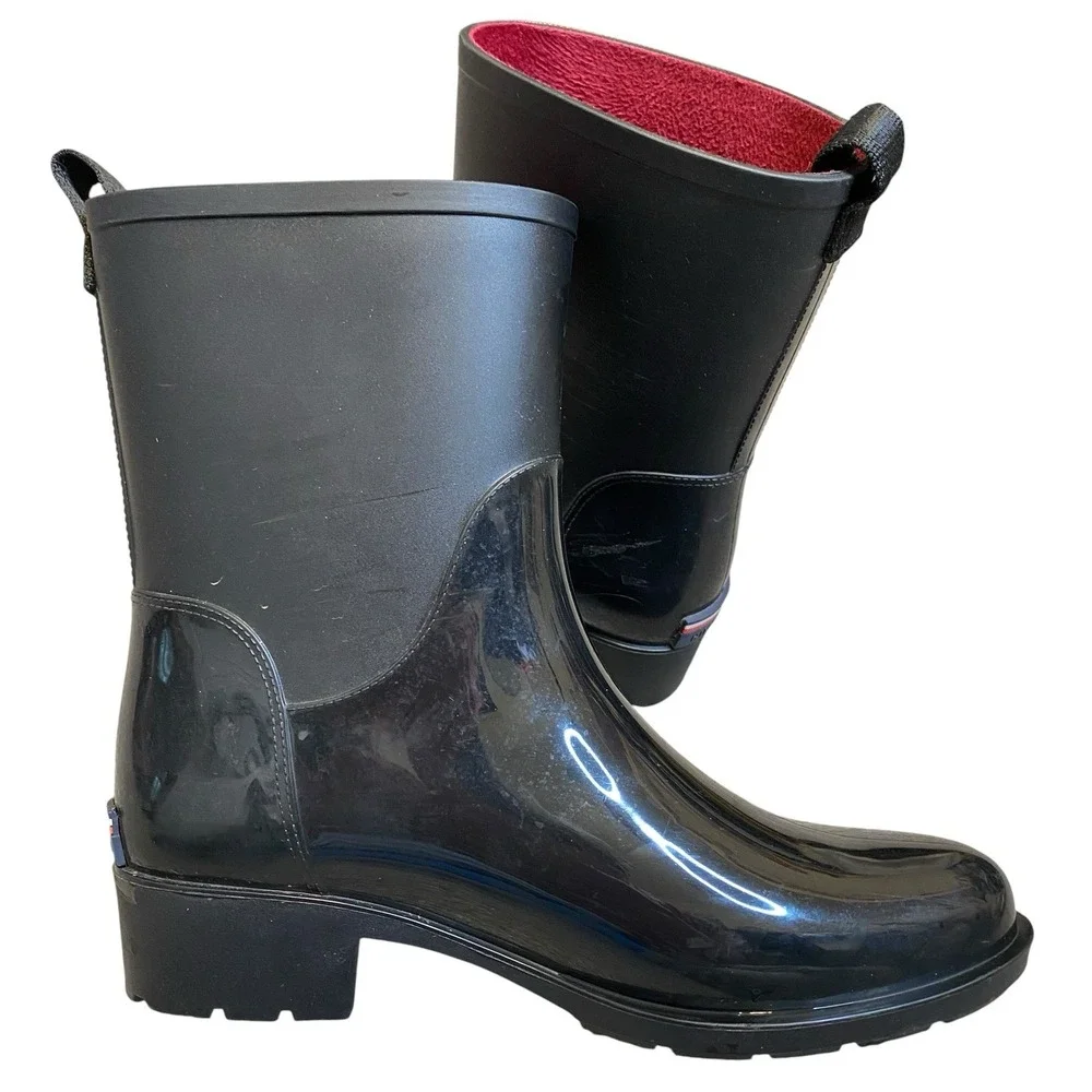 Black Glossy Rain Boots Women 7M Black Glossy Mid Calf Logo Tommy Hilfiger